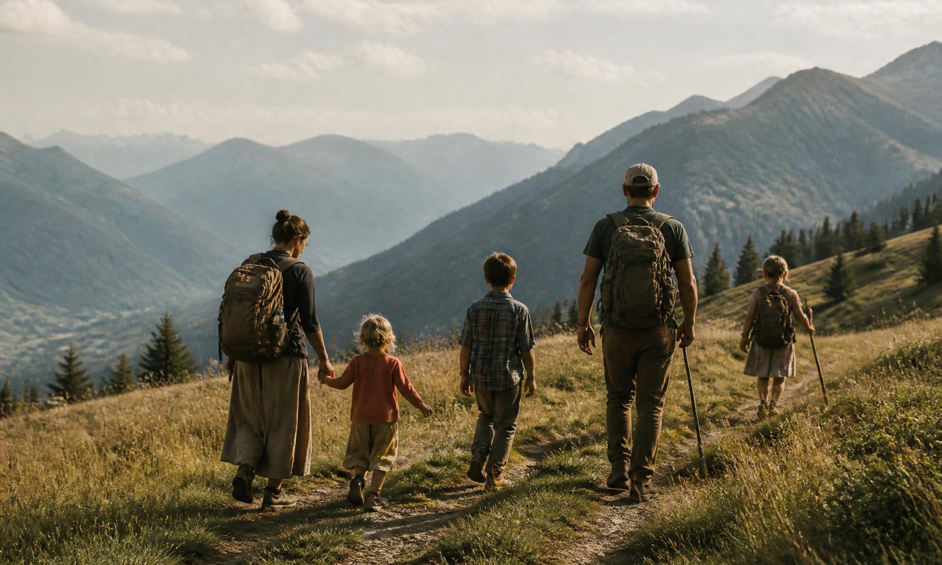 A family walking a grassy mountain trail together in late afternoon light